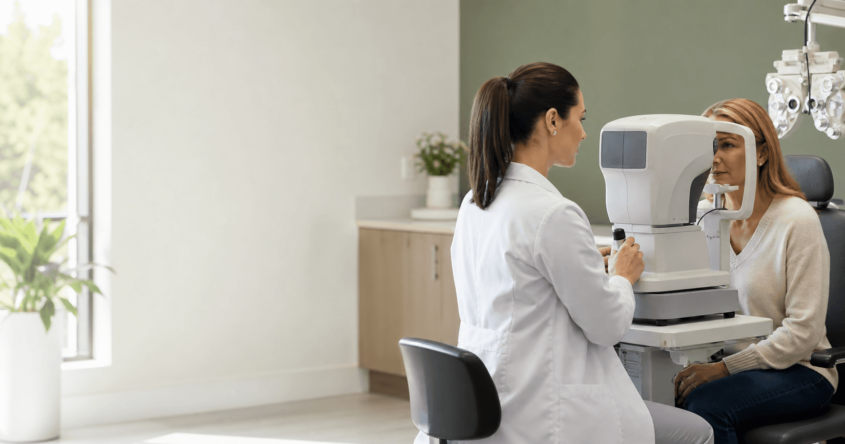 Eye-care professional examining a patient in a modern clinic